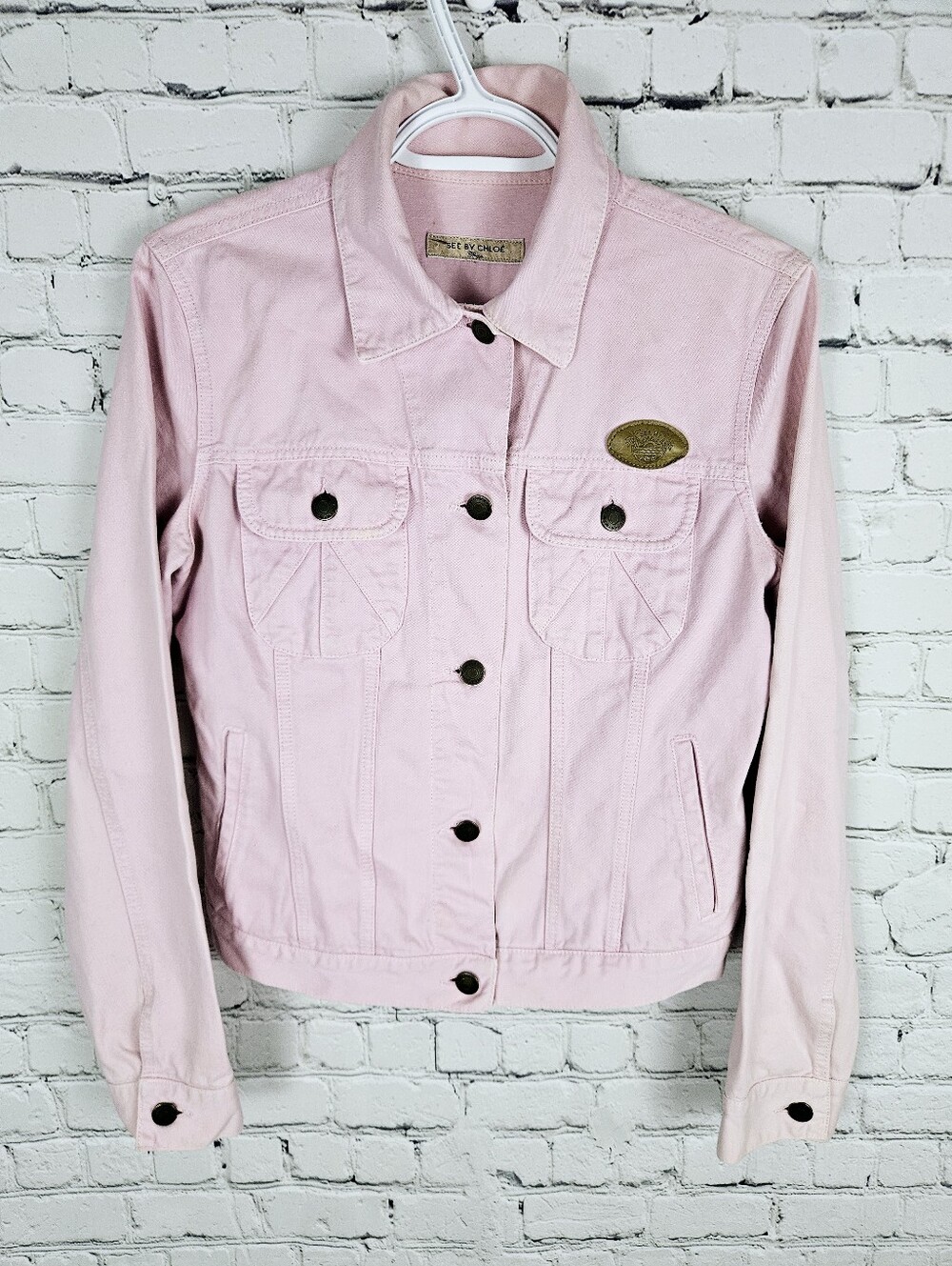 Pink denim button up trucker jean jacket